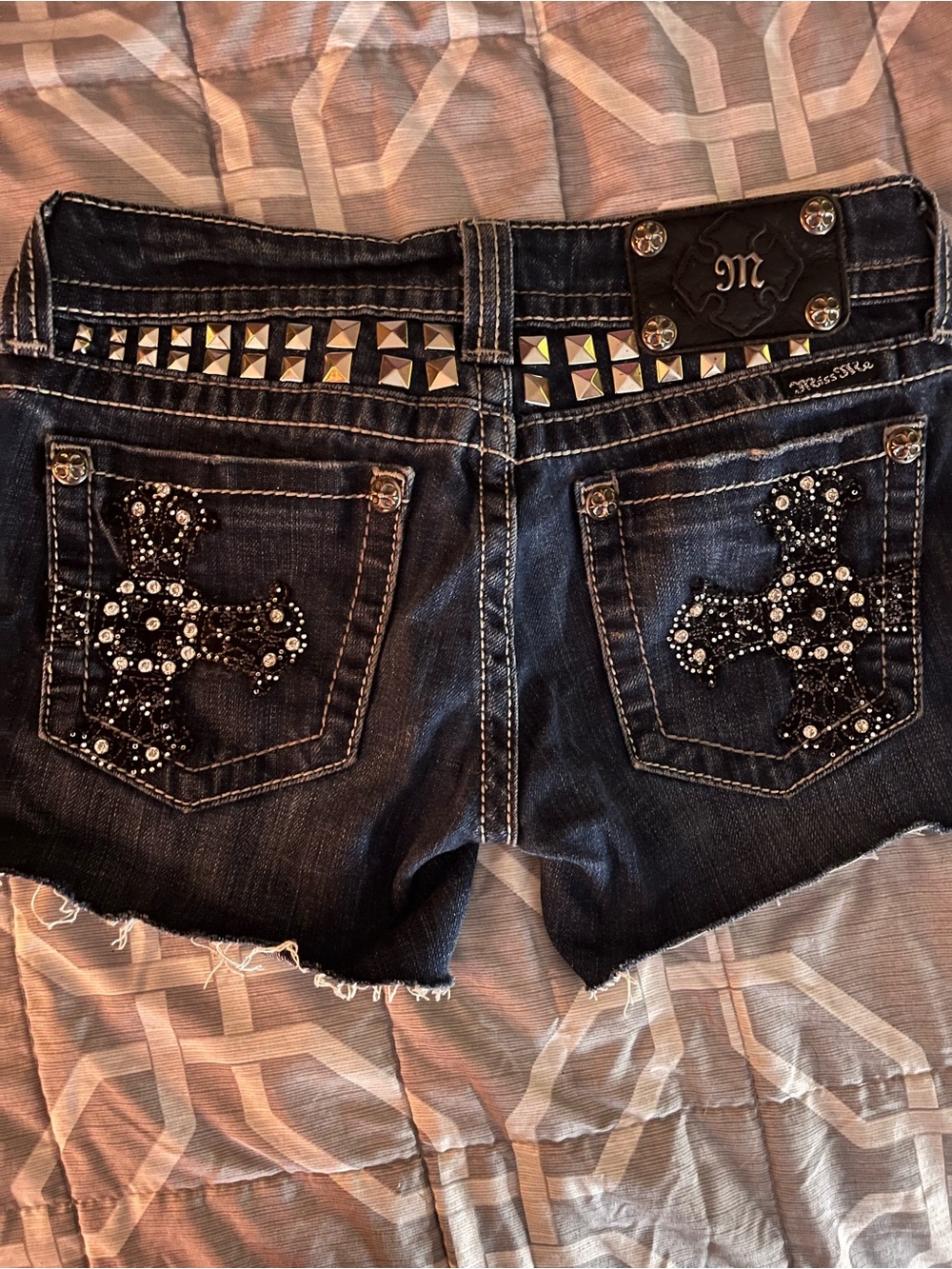 Miss Me Dark Wash Denim Shorts with Embellished Cross Pockets